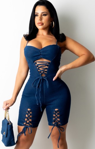 Dark Blue Lace-Up Cami Fitted Denim Rompers