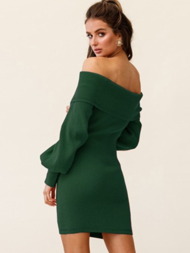 Green Off Shoulder Bubble Sleeve Knitted Slinky Dress