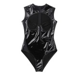 Black Leather Cut Out High Cut Sleeveless Bodysuit Lingerie