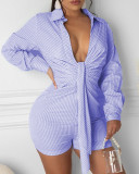 White and Blue Stripes Deep-V Ruched Short Sleeve Rompers