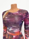 Printed Purple Long Sleeves O-Neck Skinny Midi Dress