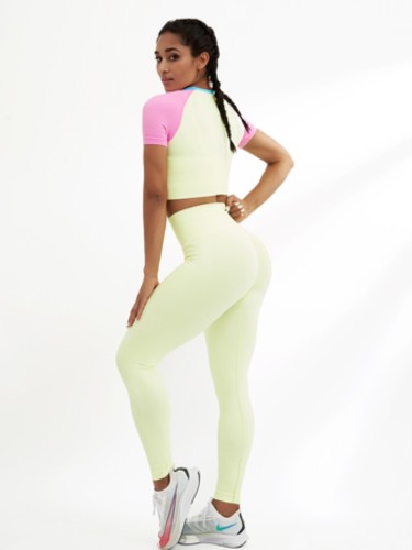 Color Block Short Sleeves  Crop Top and High Waist Skinny Legging Two Piece Set