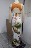 Brown Sleeveless Crop Top and Irregular Floral Long Skirt Two Piece Set