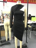 Black One Shoulder Stacked Irregular Midi Dress