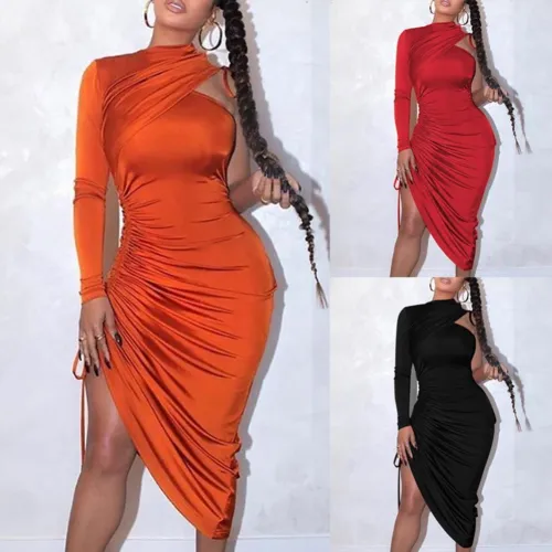 Orange One Shoulder Stacked Irregular Midi Dress