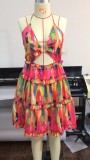 Multicolor O-Ring Halter Backless Short Skater Dress