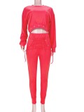 Red Long Sleeves Crop Top and Lace-Up Pants Two Piece Set