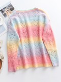 Rainbow Color Drop Shoulder V-neck Heart Shaped Hollow Out Sweater