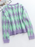 Purple and Green Geommetric Button Open Drop Shoulder Sweater Coat