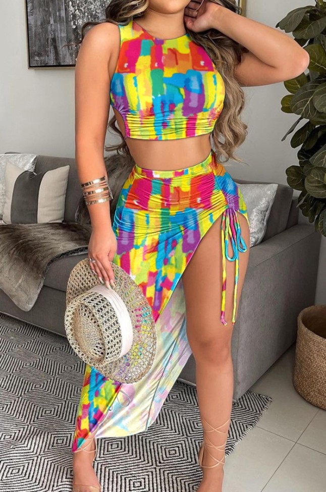 Multicolor Sleeveless Crop Top and Asymmetric Maxi Skirt Two Piece Set