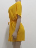 Yellow Drawstrings Mesh Short Sleeve Blouse Cover-Up