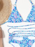 Floral Blue Cut Out Halter Two Piece Bikini