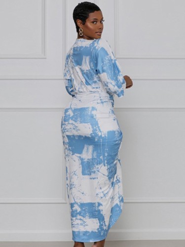 Tie Dye Half Sleeve Deep-V Twist Irrgular Dress