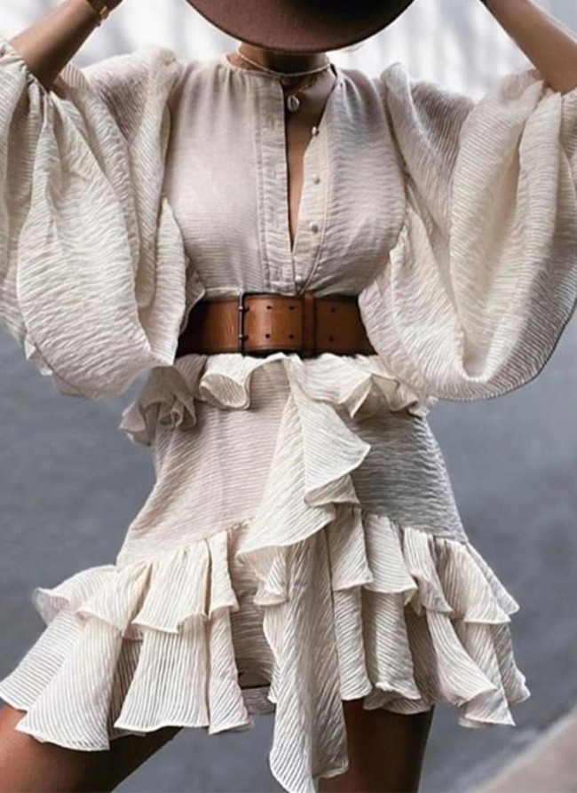 Beige Bubble Sleeves Ruffles Irregular Short Dress with Belt
