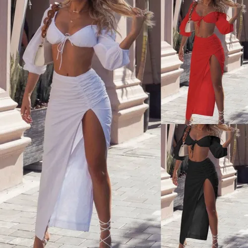 Black Puff Sleeve Crop Top and Asymmetric Long Skirt Two Piece Set