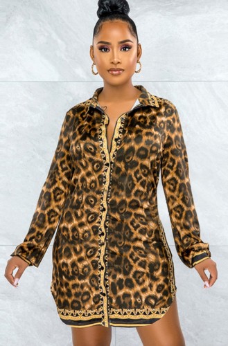 Leopard Turndown Collar Button Up Long Sleeve Blose Dress