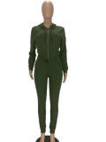 Green Zipper Up Hoody Top and Drawstring Sweatpants Two Piece Set