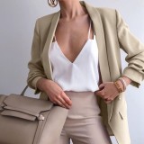 Professional Khaki Turndown Collar Long Sleeves Office Blazer