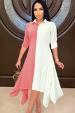 Pink and White Contast Button-Open Long Sleeve Irregular Dress