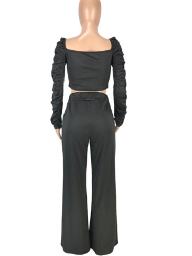 Black Puff Long Sleeve Crop Top and Wide Pants Two Piece Outfits