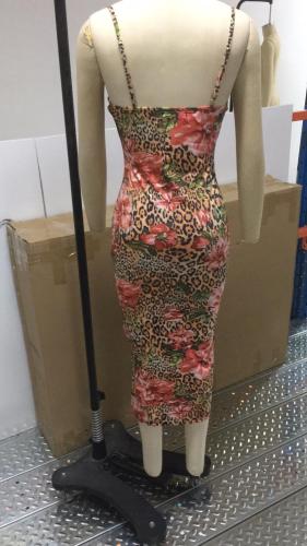 Floral Leopard Printed Plunge Neck Cami Slim Fit Dress
