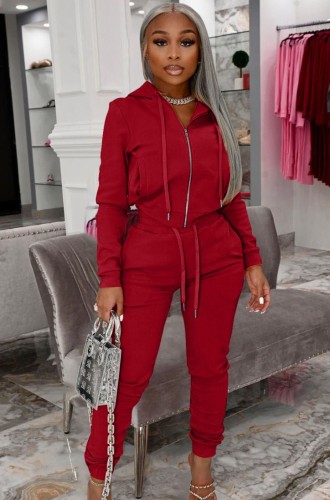 Red Zipper Up Hoody Top and Drawstring Sweatpants Two Piece Set