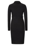 Black Long Sleeve Button Up Knitted Midi Office Dress with Matching Belt