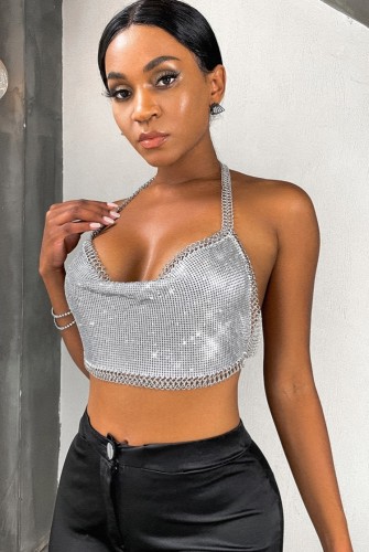 Silver Sequin Chains Halter Backless Crop Tops