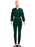 Green Hoody Zipper Open Puff Sleeve Stacked Crop Top and  Pant Two Piece Set