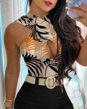 Printed Hollow Out Cross Neck Sleeveless Top and Black Shorts Two Piece Outfits