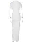 White V-Neck Short Sleeve Slit Long Dress