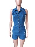 Blue Sleeveless Button Up Distressed Bodycon Denim Rompers