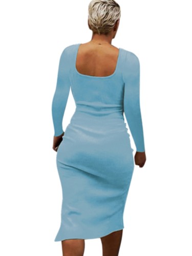 Blue Ribbed Square Neck Long Sleeves Slit Tight Dress