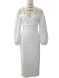 White Off Shoulder Midi Slim Fit Dress