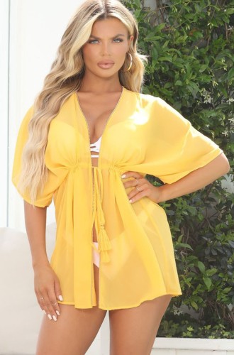 Yellow Drawstrings Mesh Short Sleeve Blouse Cover-Up