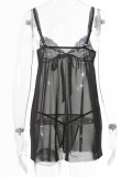 Black Lace Patch See Through Mesh Nightdress and T-Back Two Piece Lingerie Set
