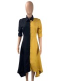 Black and Yellow Contast Button-Open Long Sleeve Irregular Dress