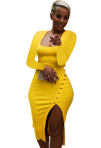 Yellow Ribbed Square Neck Long Sleeves Slit Tight Dress