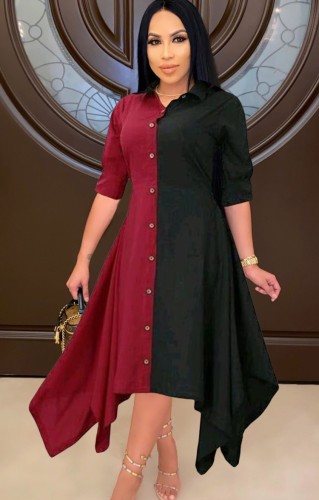 Red and Black Contast Button-Open Long Sleeve Irregular Dress
