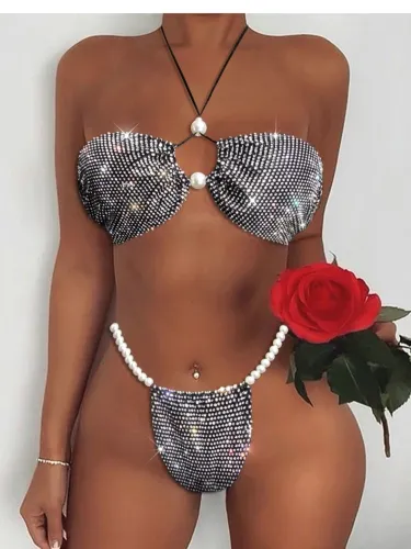 Black Rhinestones Pearl Halter Bra and T-Back Two Piece Set