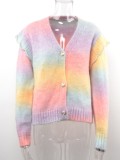Rainbow Color Button Open Frill Long Sleeve Sweater