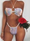 White Rhinestones Pearl Halter Bra and T-Back Two Piece Set