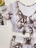 Snake Skin Printed Short Sleeve Knotted Swimsuit 2pc Set