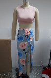 Pink Sleeveless Crop Top and Irregular Floral Long Skirt Two Piece Set