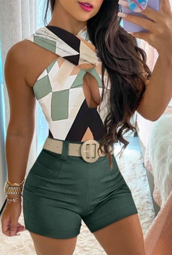 Geommetric Printed Hollow Out Cross Neck Sleeveless Top and Green Shorts Two Piece Outfits
