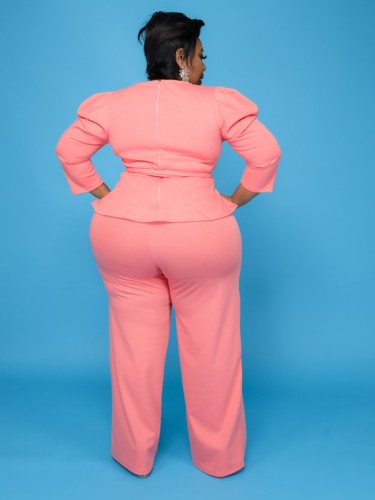 Plus Size Pink Long Sleeves O-Neck Top and Pants Two Piece Set
