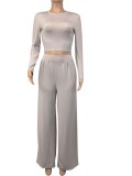 Grey O-Neck Long Sleeves Crop Top and Wide Pants Two Piece Set