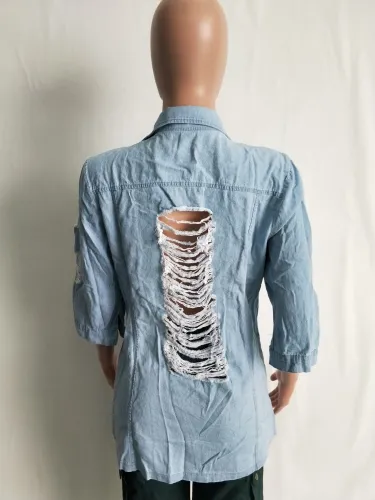 Blue Long Sleeve Distressed Turndown Collar Denim Blazer