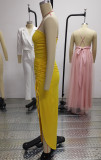 Yellow One Shoulder Asymmetric Scrunch Long Dress
