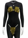 Gold Rhinestones Pearl Halter Bra and T-Back Two Piece Set